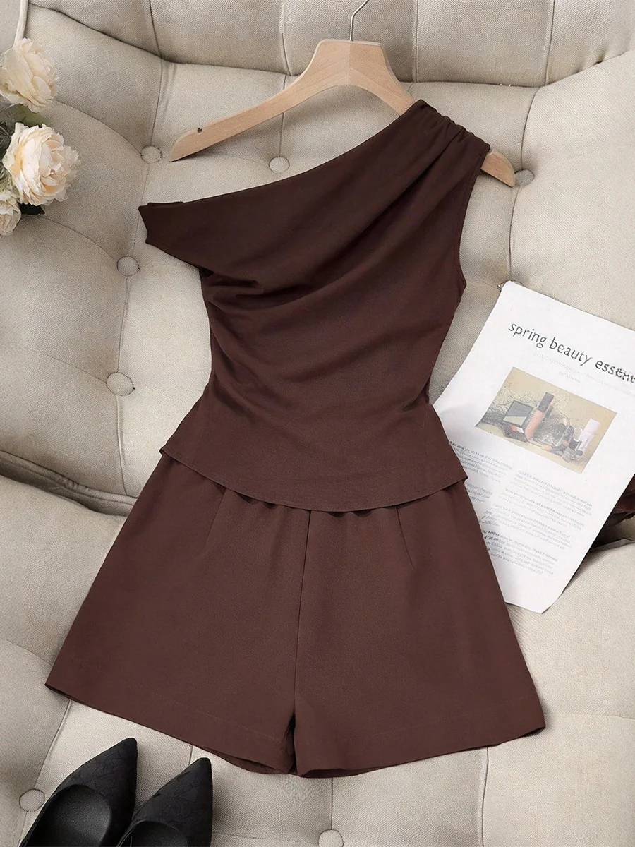 Brown Asymmetrical Off-shoulder Pleated Sleeveless Top And Shorts Two-piece Set - Image 3