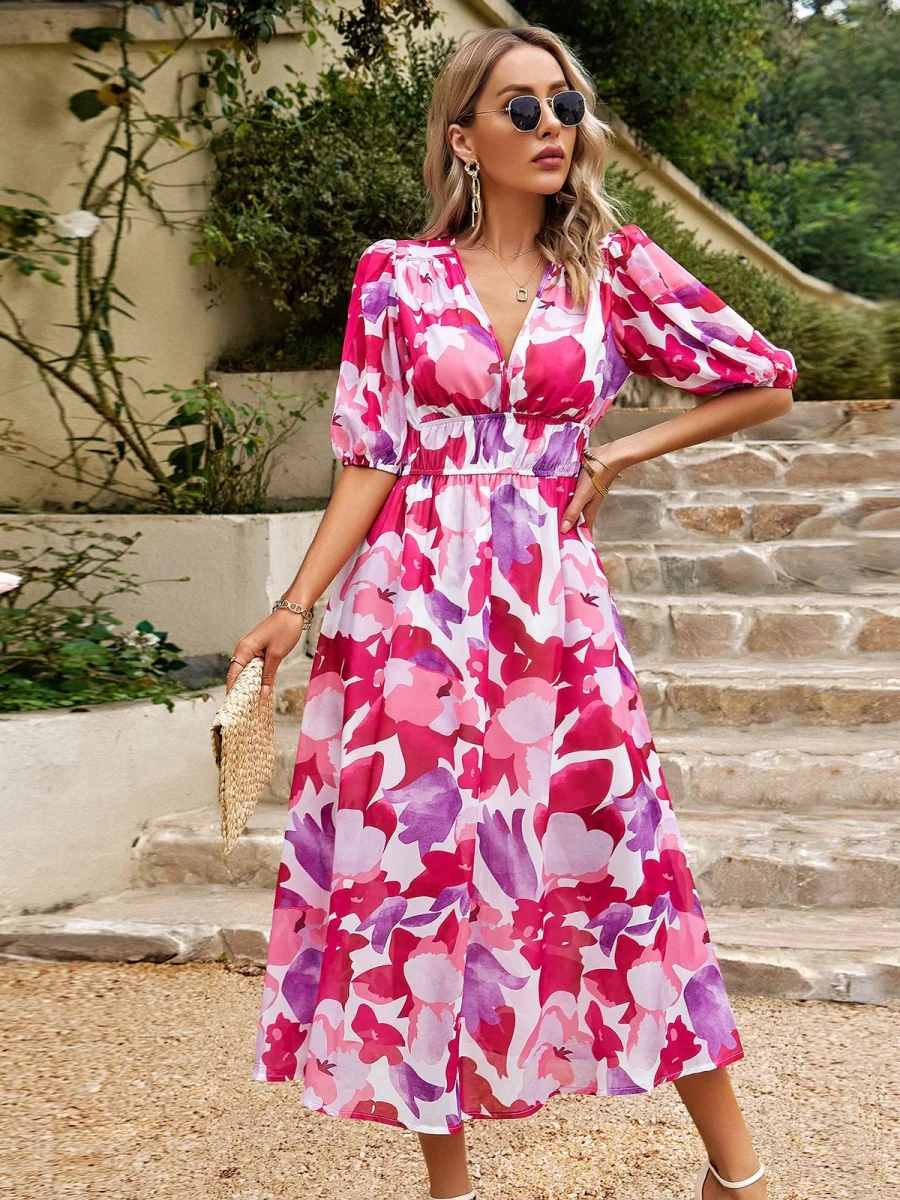 Waist-cinching Deep V-neck Floral Print Maxi Dresses - Image 12