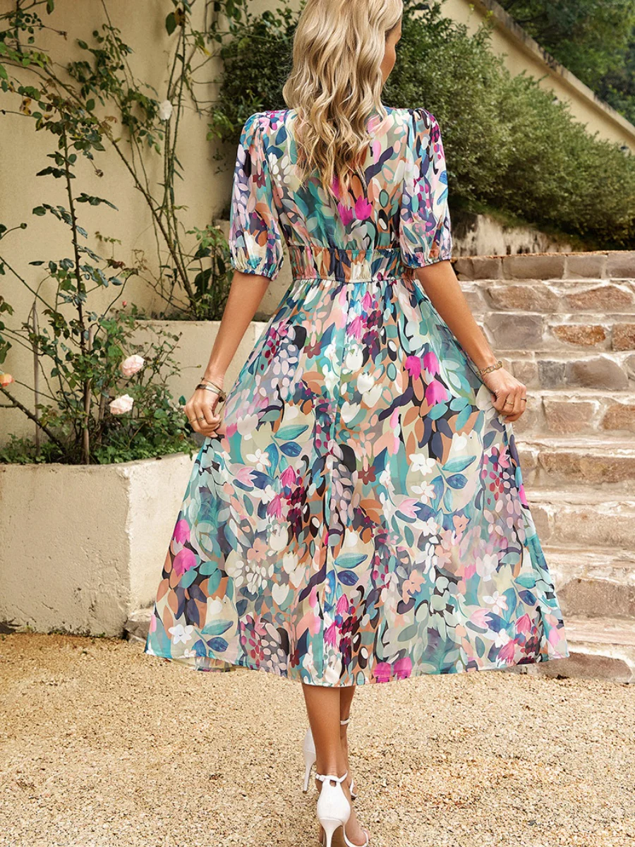 Waist-cinching Deep V-neck Floral Print Maxi Dresses - Image 2