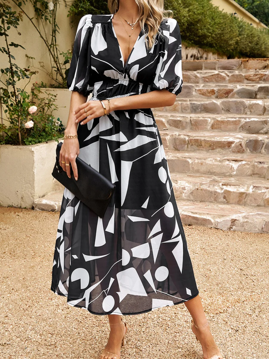 Waist-cinching Deep V-neck Floral Print Maxi Dresses - Image 24