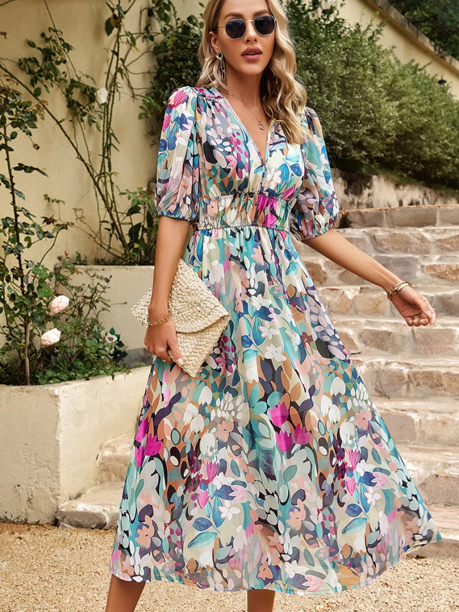 Waist-cinching Deep V-neck Floral Print Maxi Dresses - Image 3