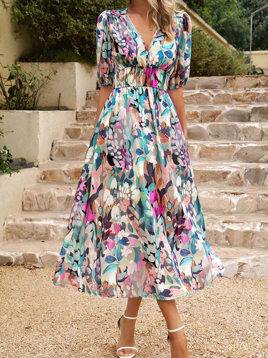 Waist-cinching Deep V-neck Floral Print Maxi Dresses - Image 5