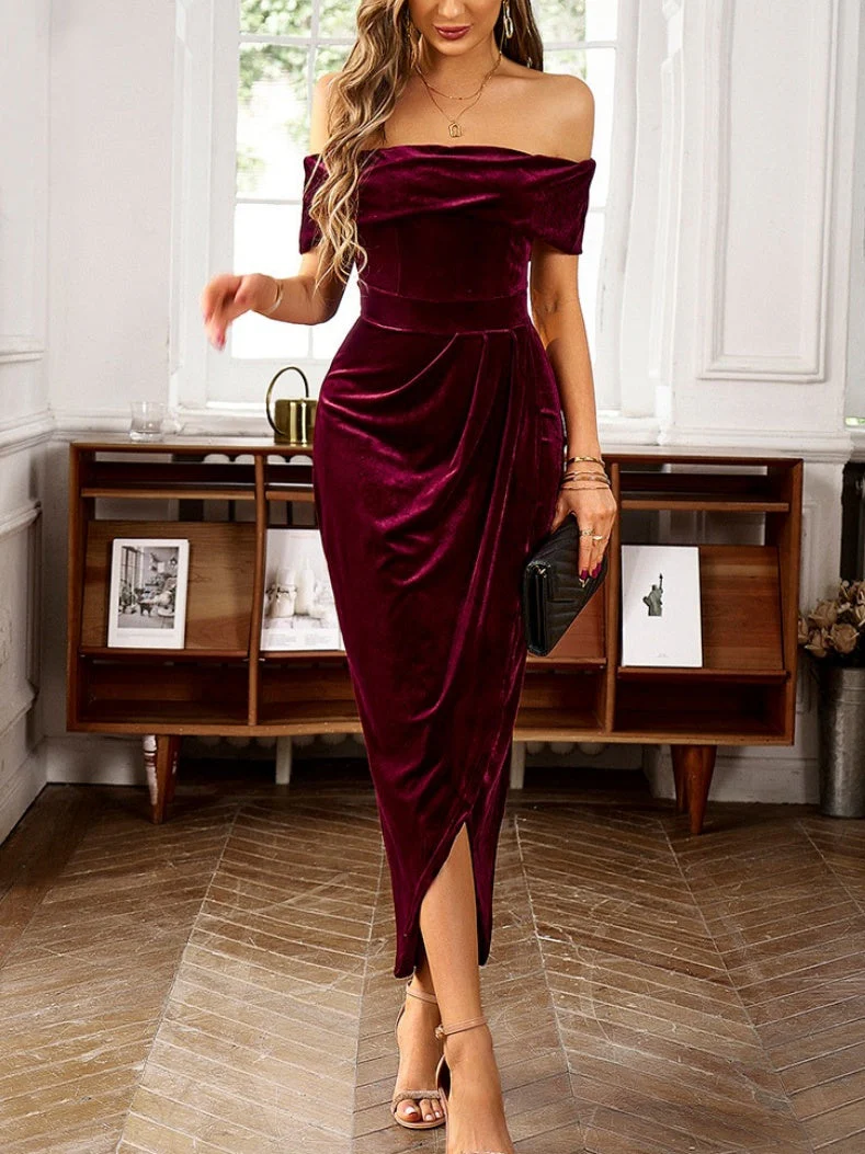 One-shoulder Collar Gathering Hip Velvet Maxi Dresses - Image 2