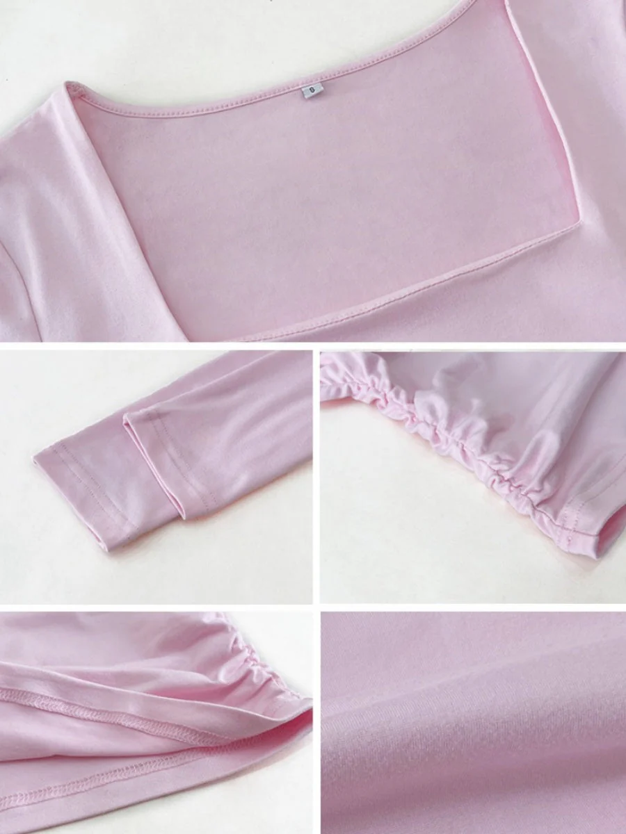 Simplicity Solid Color Square Collar Long Sleeve T-shirts - Image 8