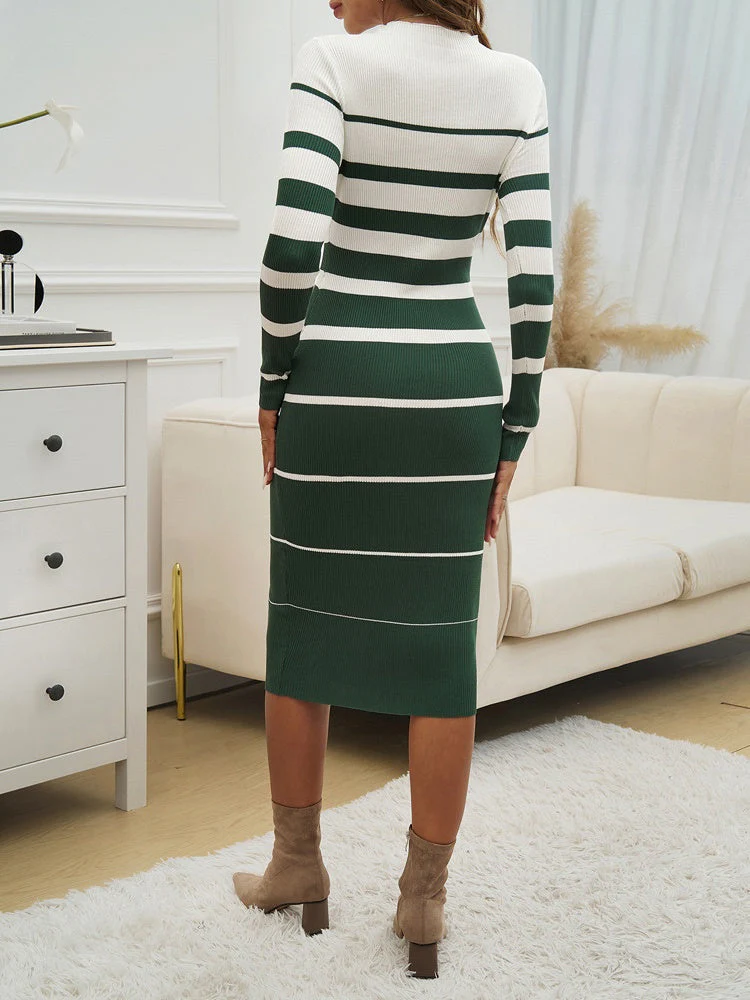 Striped Color-blocked Long-sleeved Bodycon Sweater Midi Dress - Image 12