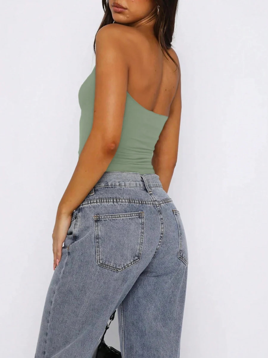 Navel-length Solid Color Strapless Top - Image 10