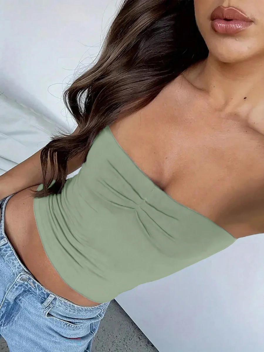 Navel-length Solid Color Strapless Top - Image 8