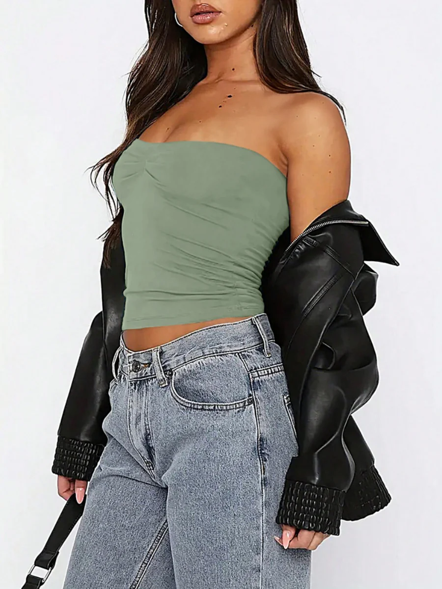 Navel-length Solid Color Strapless Top - Image 9