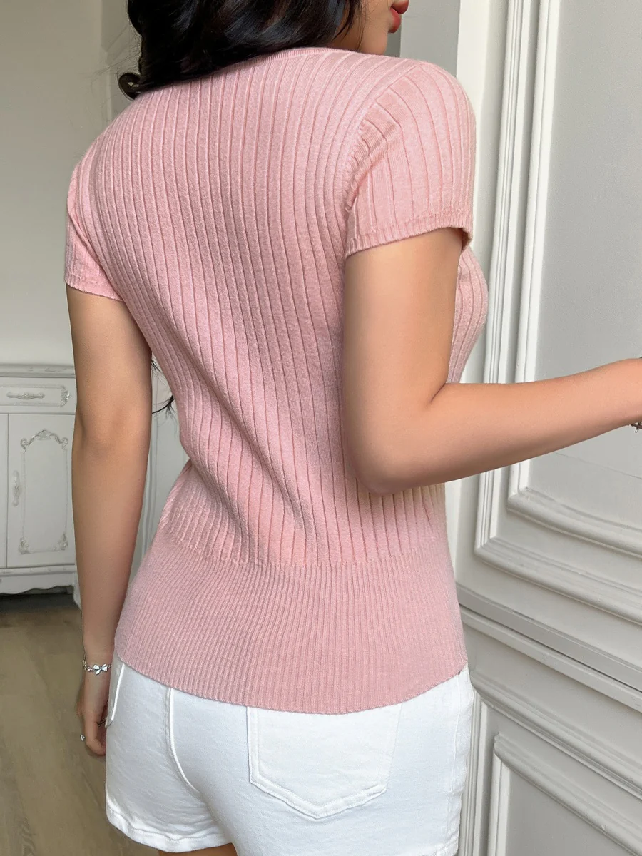 Ribbed U-button Short-sleeved T-shirt - Image 2