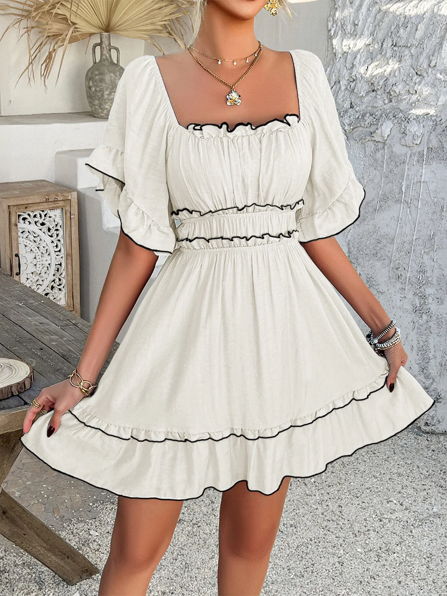 Square Neckline Ruffled Short-sleeved Long Dress - Image 6