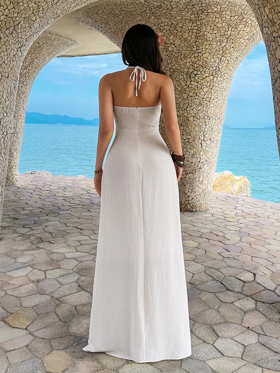 White Off-shoulder Strapless Solid Color Spaghetti Strap Long Dress - Image 2