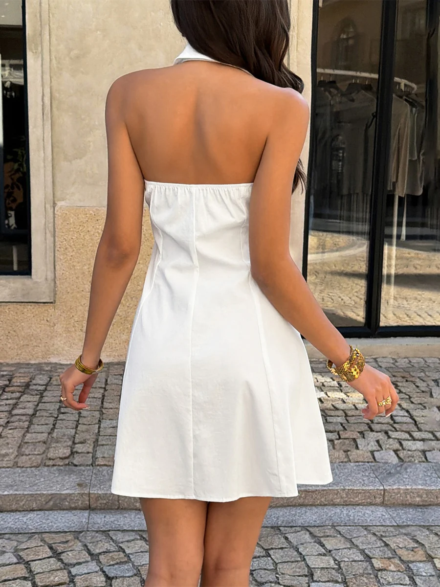 White, Casual, Solid-color, Simple Short Dress - Image 2