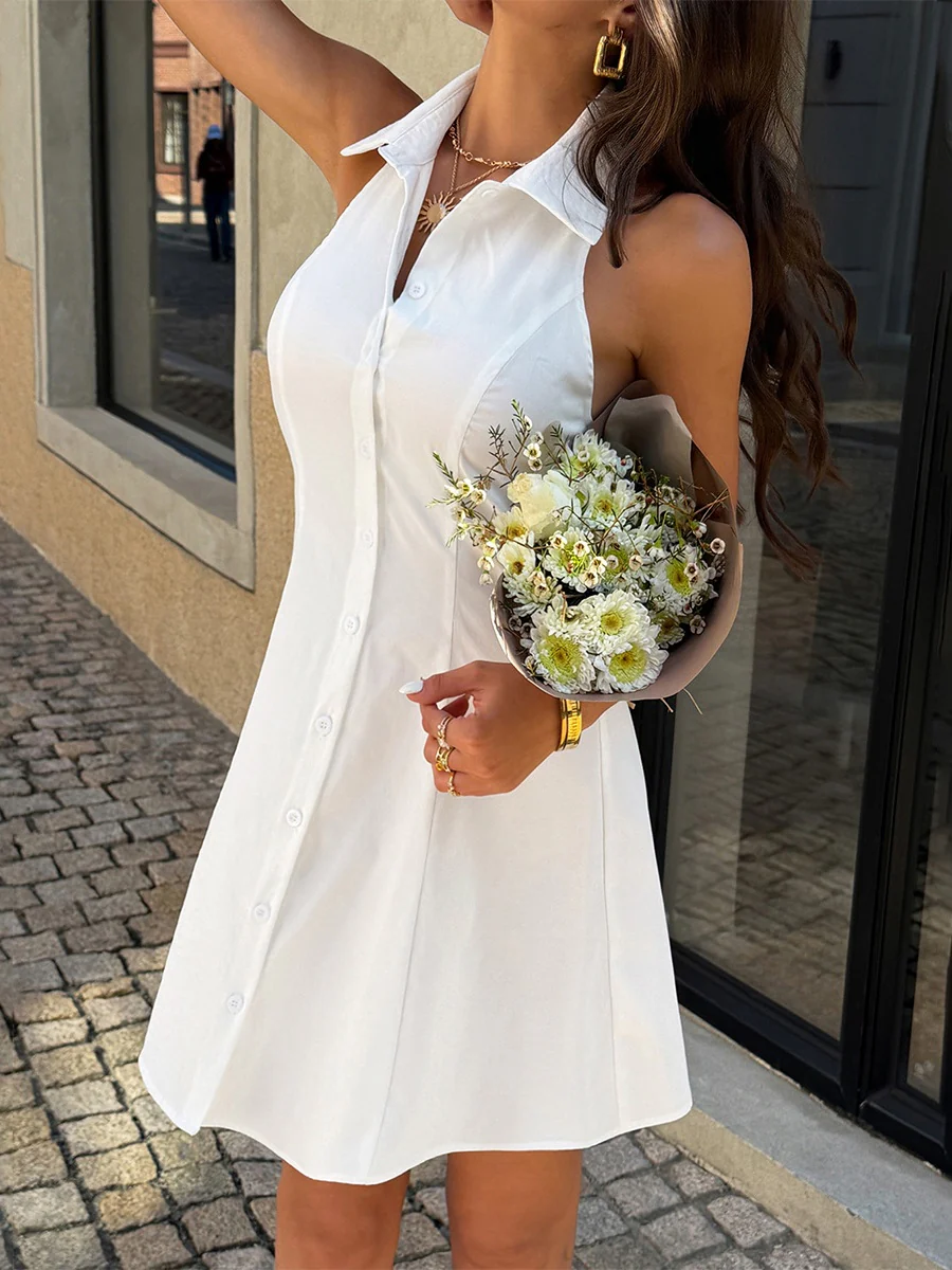 White, Casual, Solid-color, Simple Short Dress - Image 5
