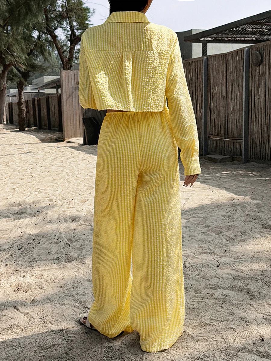 Yellow Casual Long-sleeved Button-down Shirt And Trousers Two-piece Set - Image 2