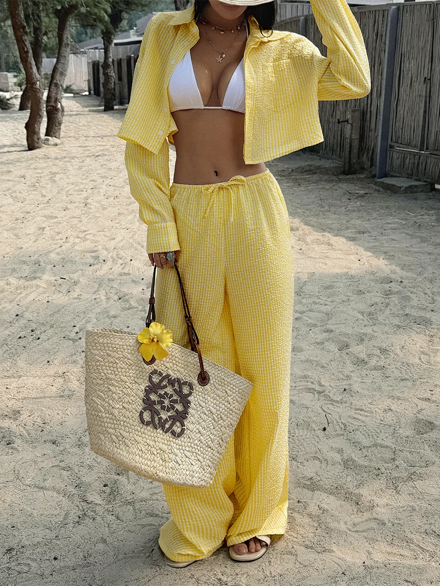 Yellow Casual Long-sleeved Button-down Shirt And Trousers Two-piece Set - Image 4