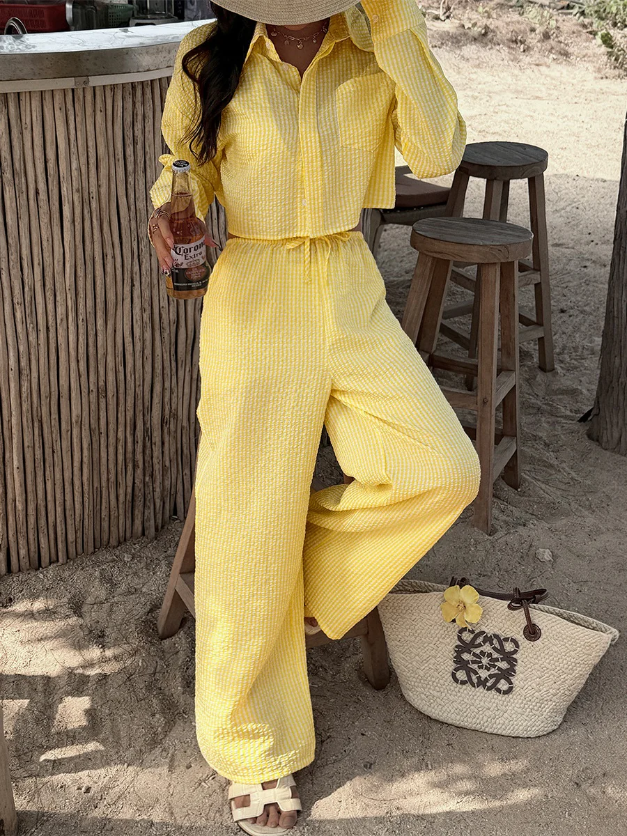 Yellow Casual Long-sleeved Button-down Shirt And Trousers Two-piece Set - Image 5