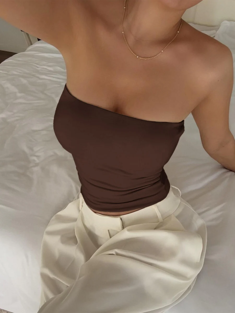 Tight-fitting Solid Color Backless Knitted Strapless Top - Image 27