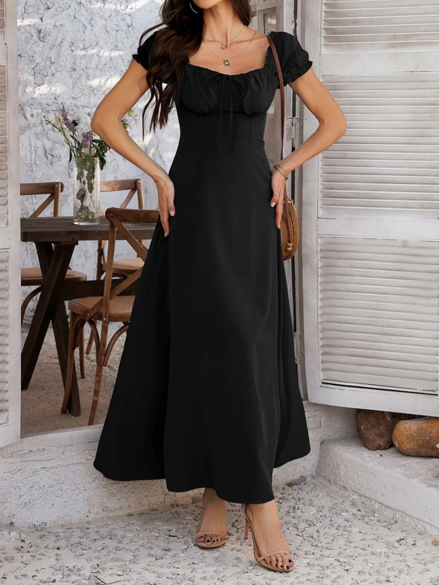 Tie-waist Ruched Puff Sleeve Long Dress - Image 14