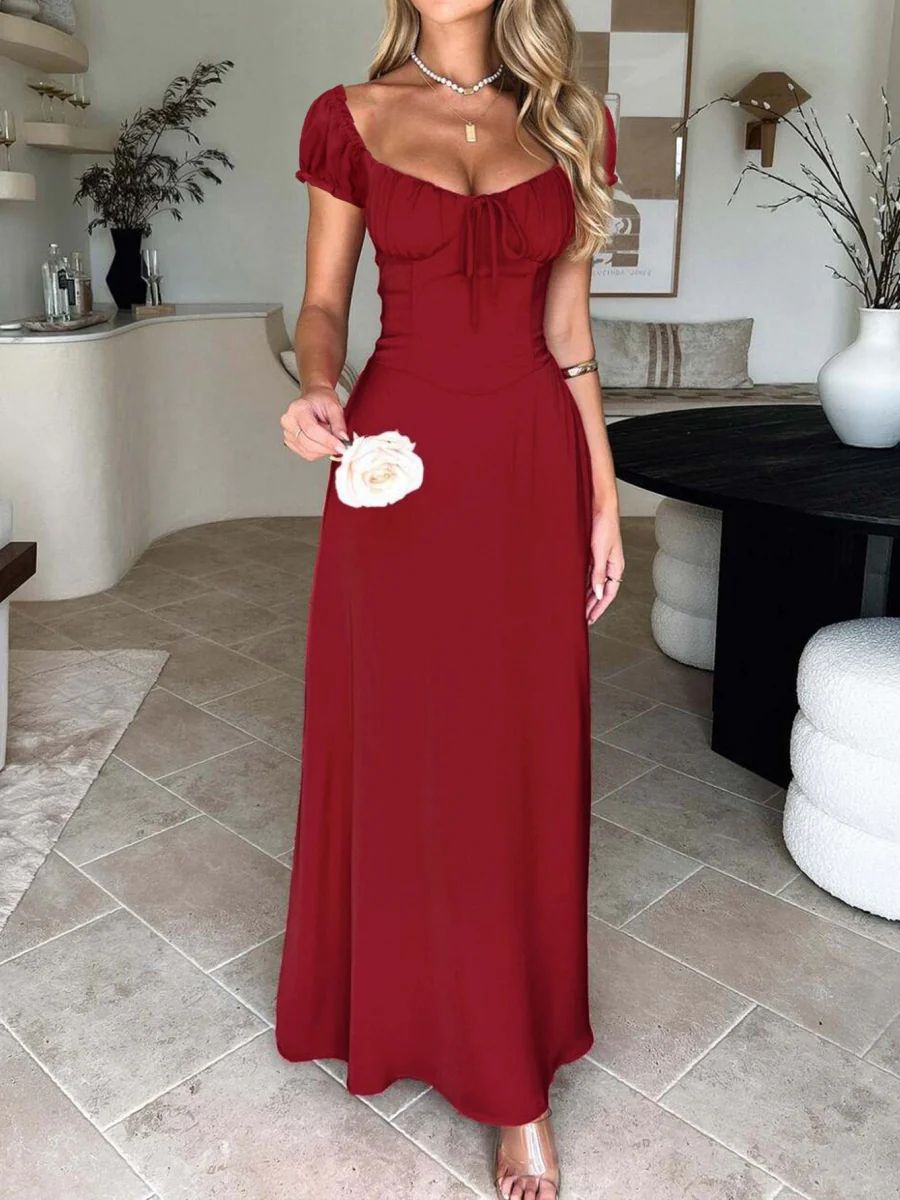 Tie-waist Ruched Puff Sleeve Long Dress - Image 23