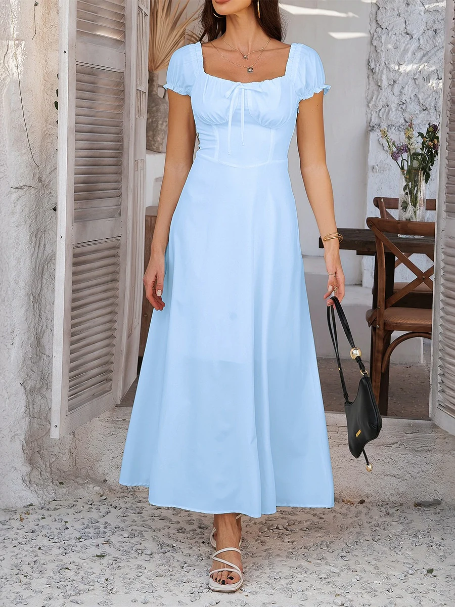 Tie-waist Ruched Puff Sleeve Long Dress - Image 3
