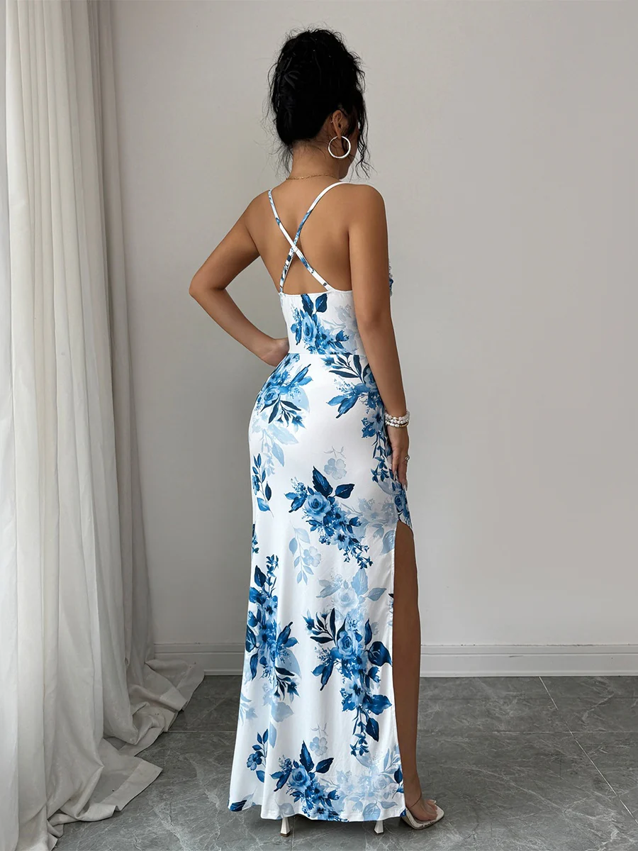 Blue Floral Halter-neck Elegant Bodycon Off-shoulder Long Dress - Image 2