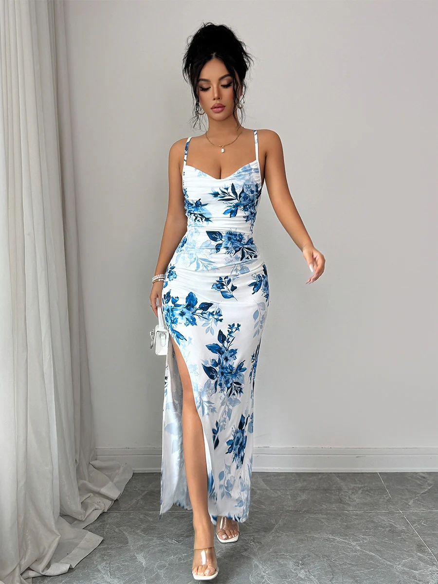 Blue Floral Halter-neck Elegant Bodycon Off-shoulder Long Dress - Image 4