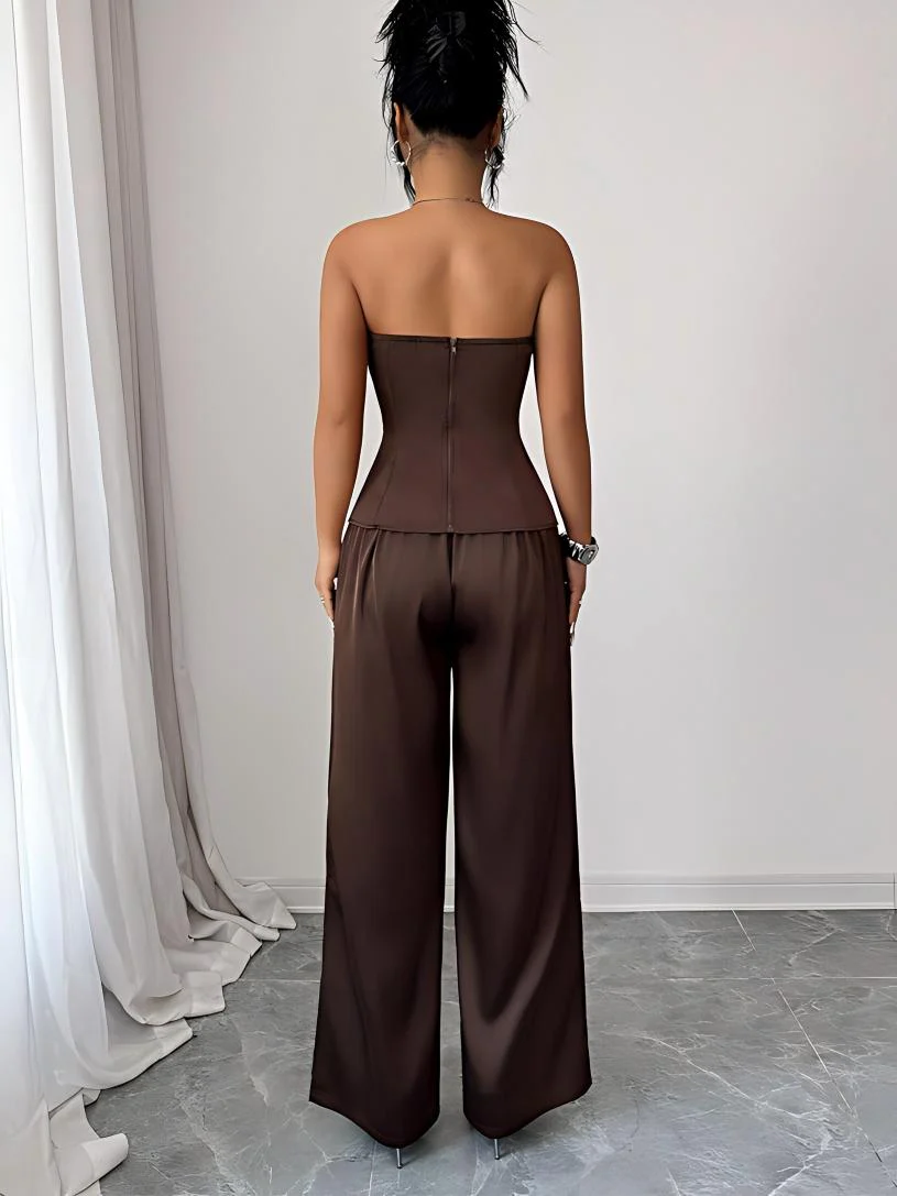 Brown Strapless Wide-leg Pants Two-piece Set - Image 2