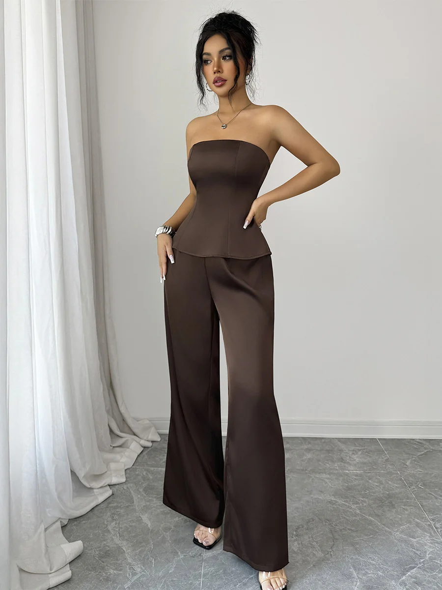 Brown Strapless Wide-leg Pants Two-piece Set - Image 3
