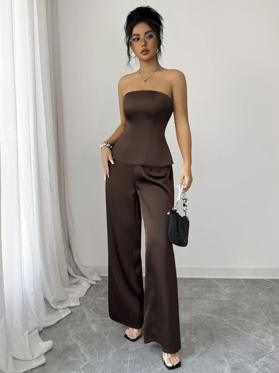 Brown Strapless Wide-leg Pants Two-piece Set - Image 4
