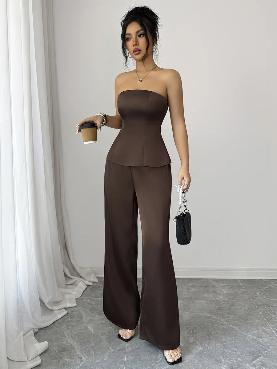 Brown Strapless Wide-leg Pants Two-piece Set - Image 5