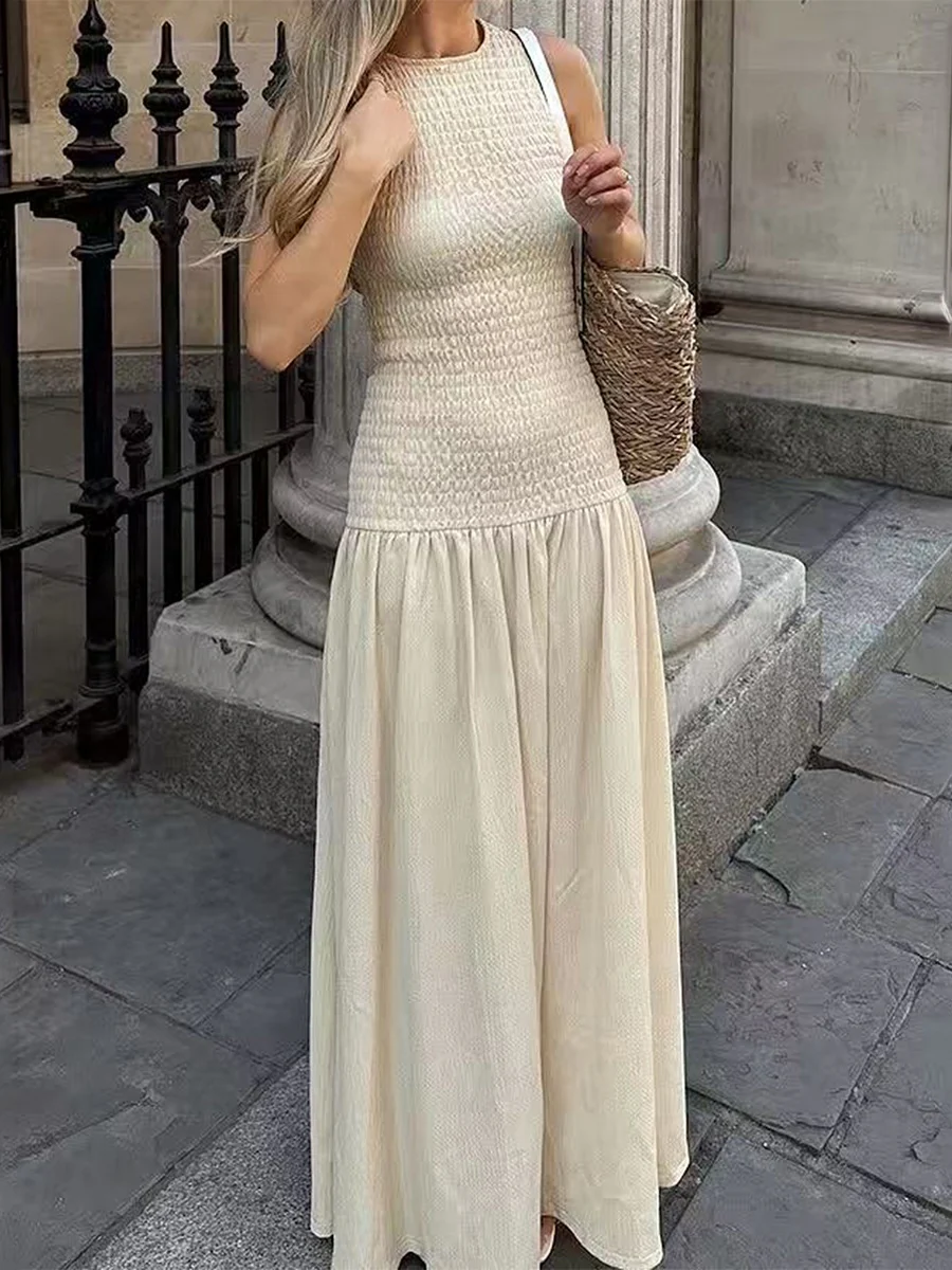 Light Apricot-colored Vacation-style Round Neck Sleeveless Cinched Long Dress - Image 3