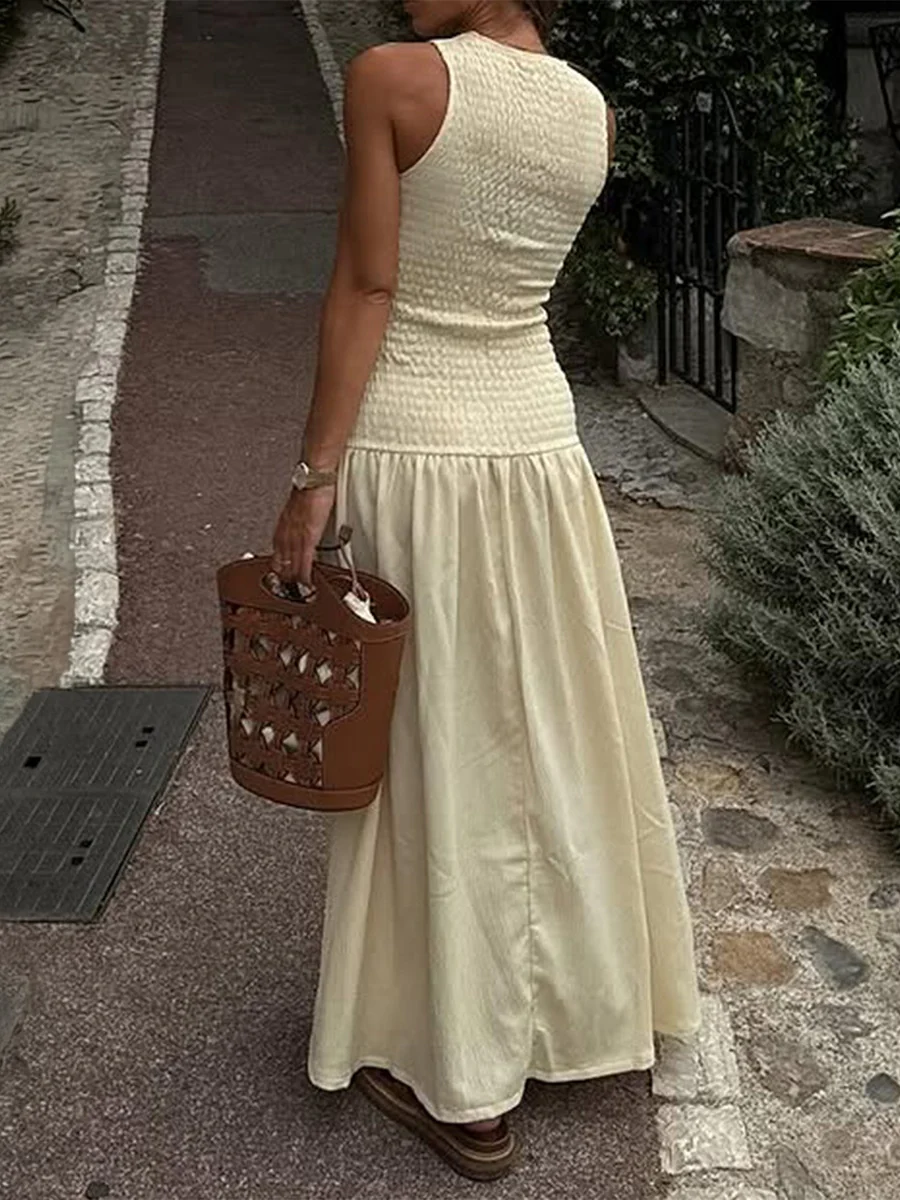 Light Apricot-colored Vacation-style Round Neck Sleeveless Cinched Long Dress - Image 4