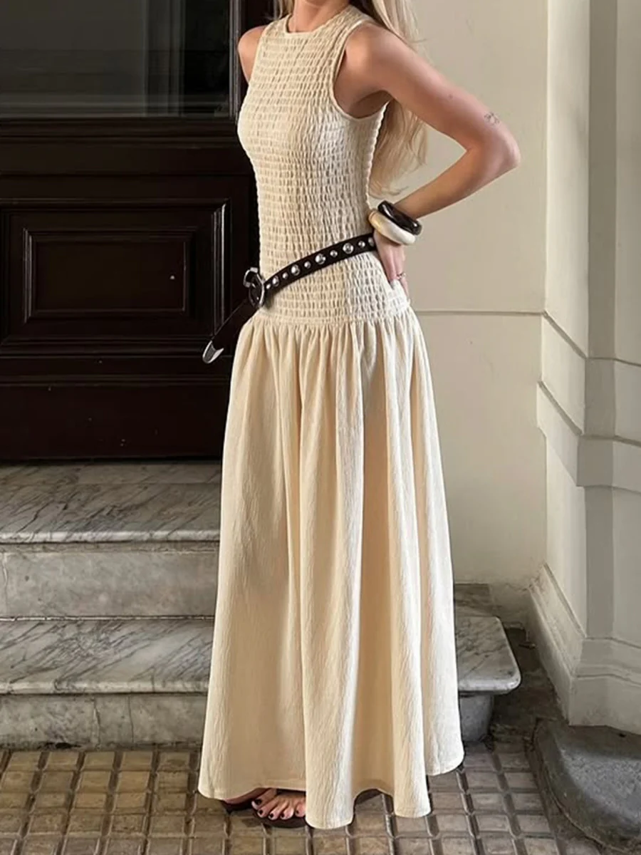 Light Apricot-colored Vacation-style Round Neck Sleeveless Cinched Long Dress - Image 5