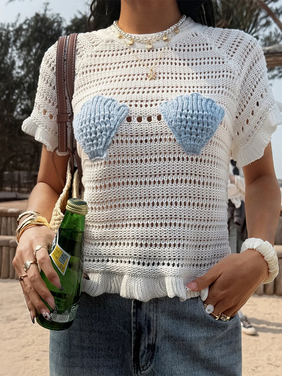 White Vacation-style Versatile Openwork Sexy Knit T-shirt - Image 3