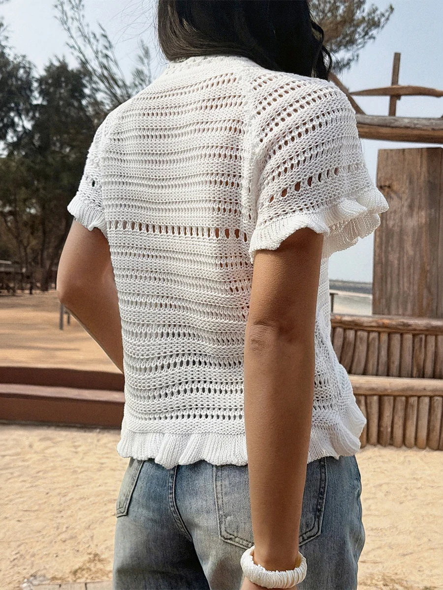 White Vacation-style Versatile Openwork Sexy Knit T-shirt - Image 4
