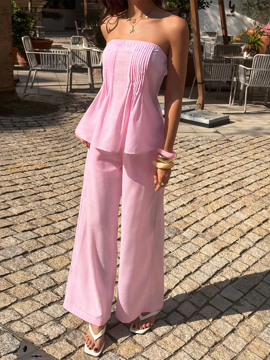 Pink Vacation-style Strapless Top And Trousers Two-piece Set - Image 4