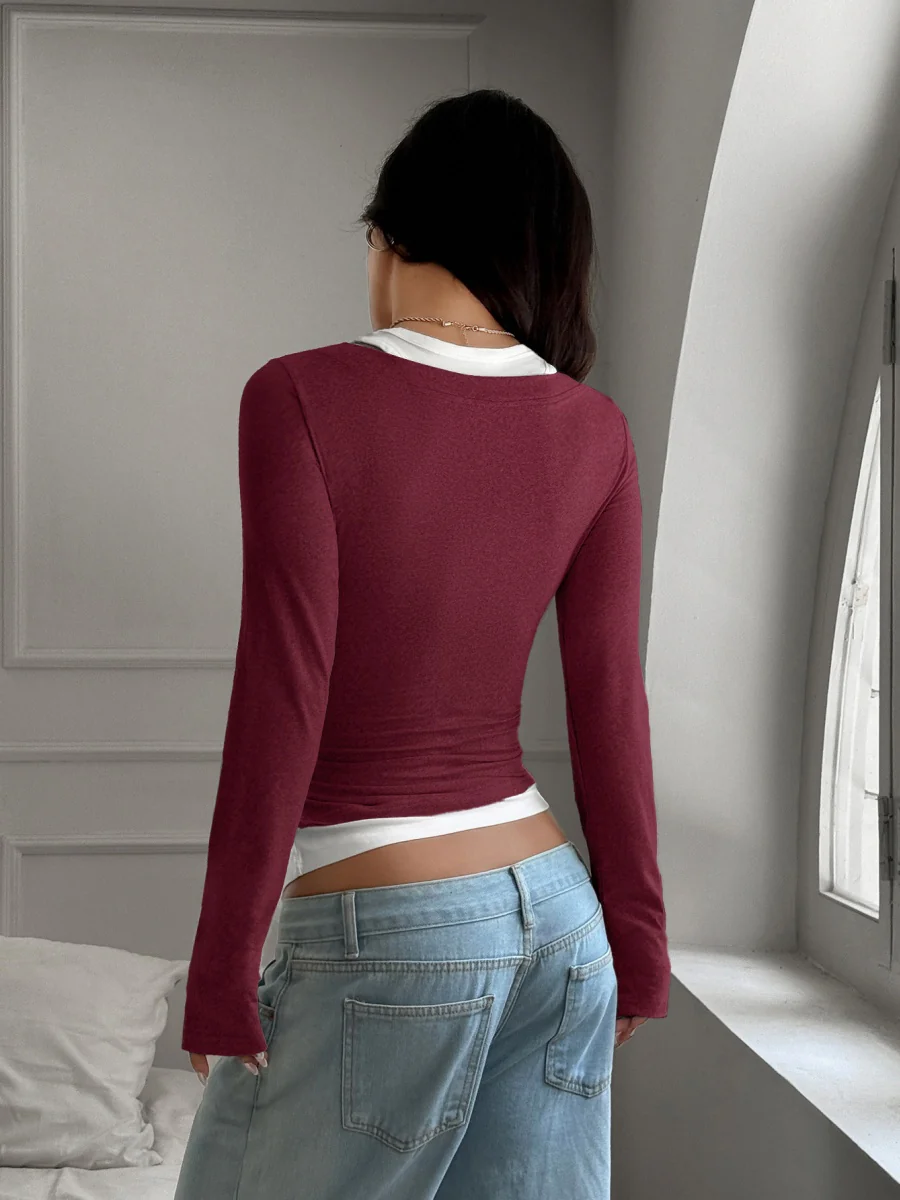Faux Two-piece U-neck Halter Neck Long-sleeved T-shirt - Image 6
