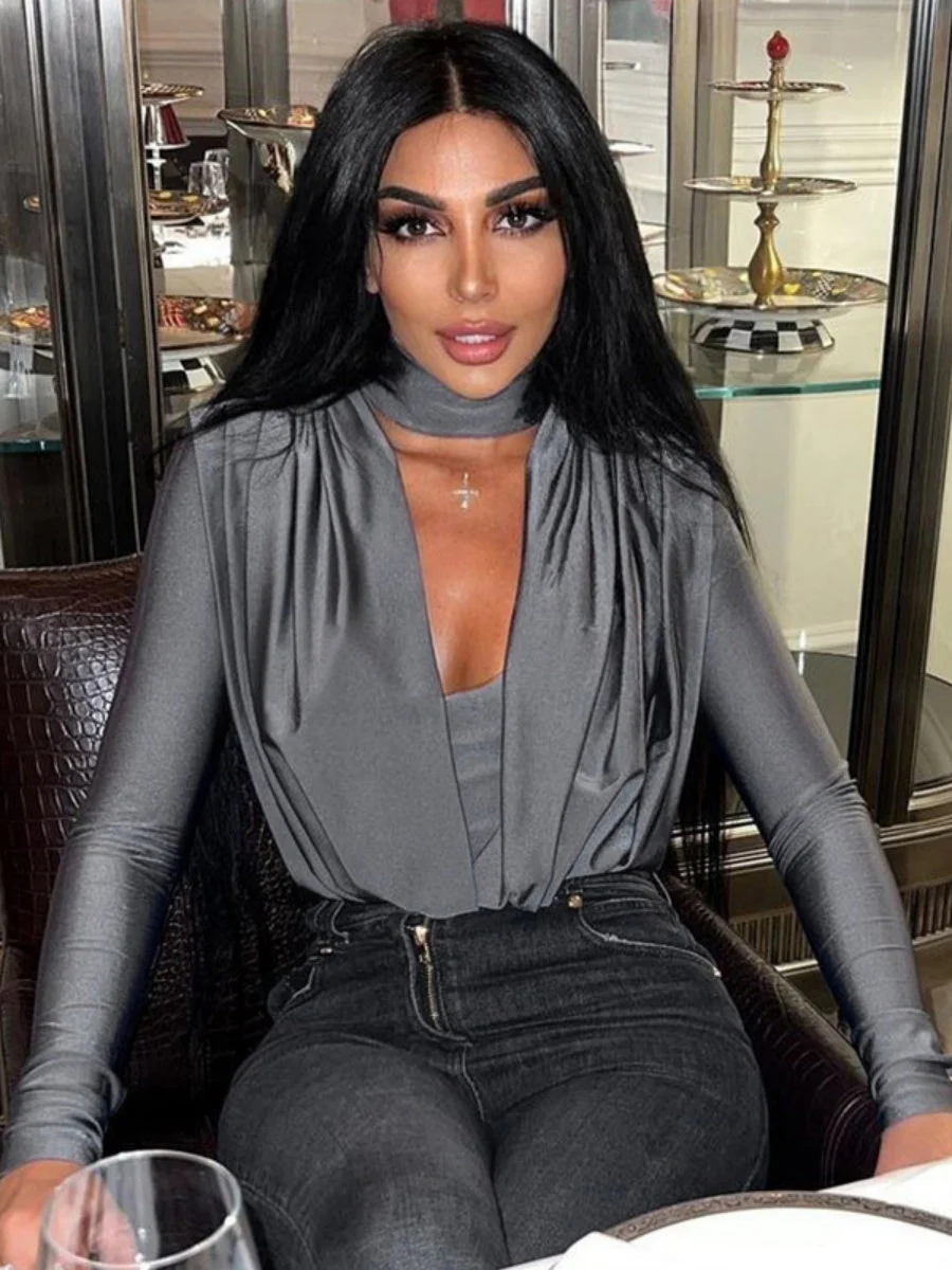 V-neck Slim Fit Pleated Decoration Base Layer Splicing Long-sleeved Bodysuit - Image 19