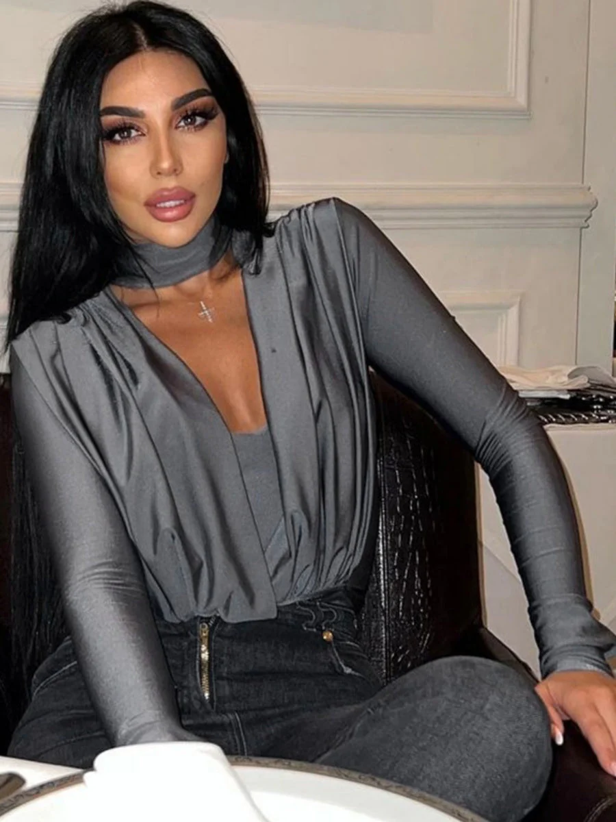 V-neck Slim Fit Pleated Decoration Base Layer Splicing Long-sleeved Bodysuit - Image 20