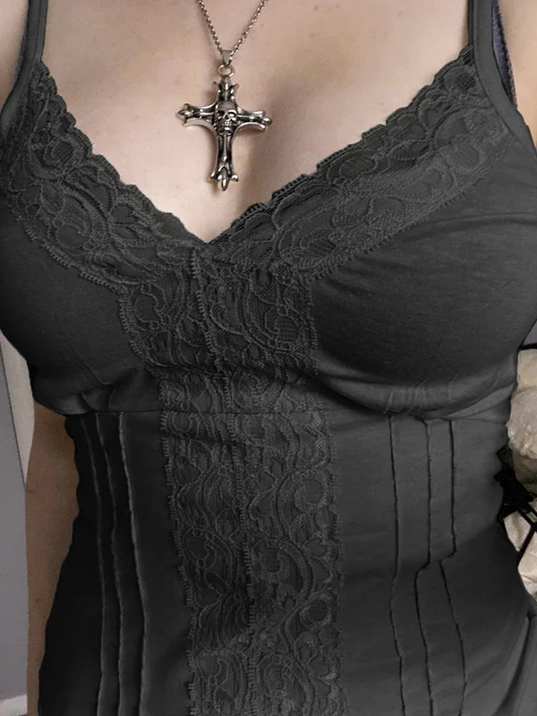 Deep V-neck Solid Color Lace Trim Split Camisole - Image 3