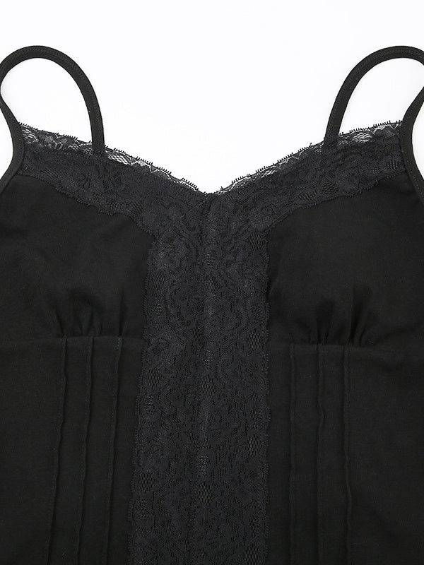 Deep V-neck Solid Color Lace Trim Split Camisole - Image 4