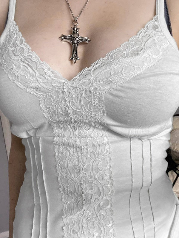 Deep V-neck Solid Color Lace Trim Split Camisole - Image 9