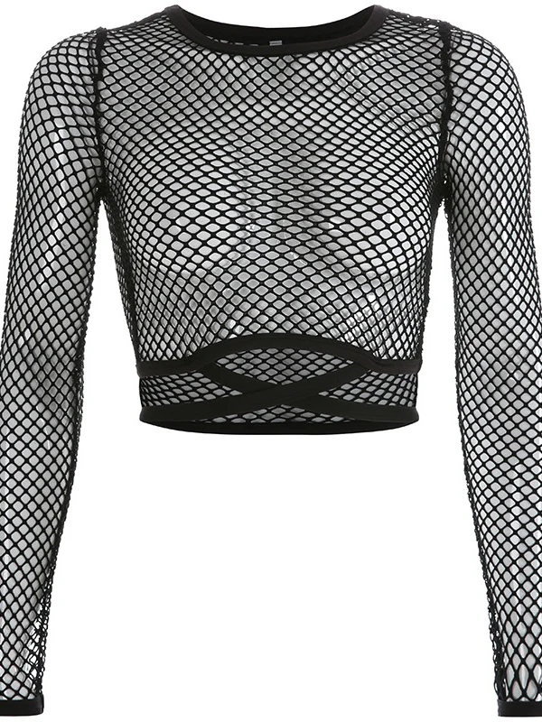 Black Round Neck Tie-up Cropped Mesh See-through Top - Image 10