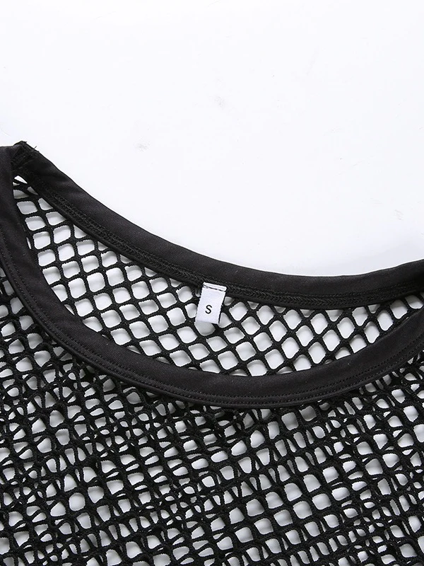 Black Round Neck Tie-up Cropped Mesh See-through Top - Image 7