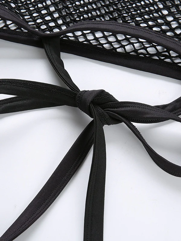 Black Round Neck Tie-up Cropped Mesh See-through Top - Image 8