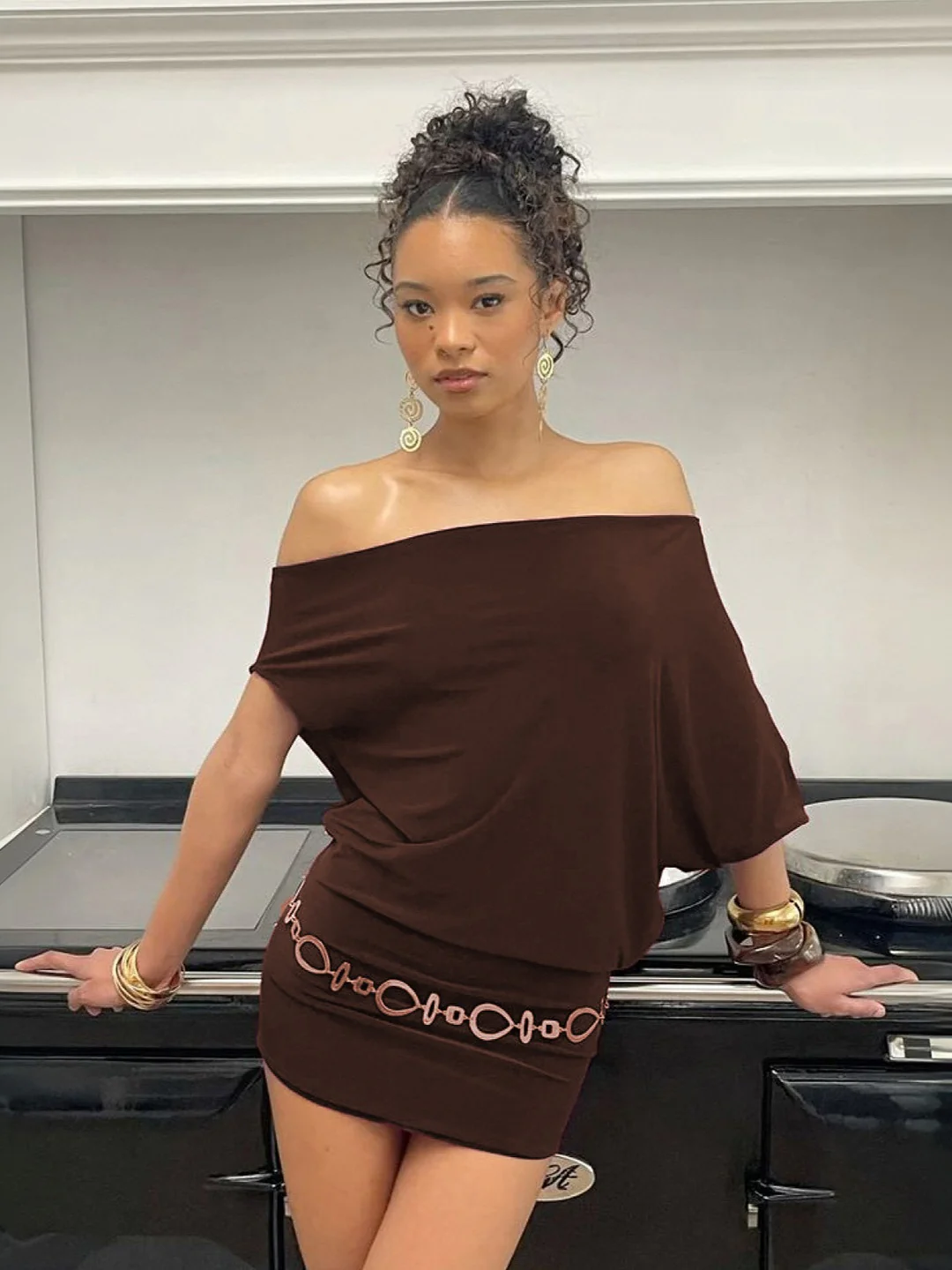 Off-shoulder, Two-way Batwing Sleeve, Solid Color, Loose Fit, Slimming, Asymmetrical Short Dress - Image 8