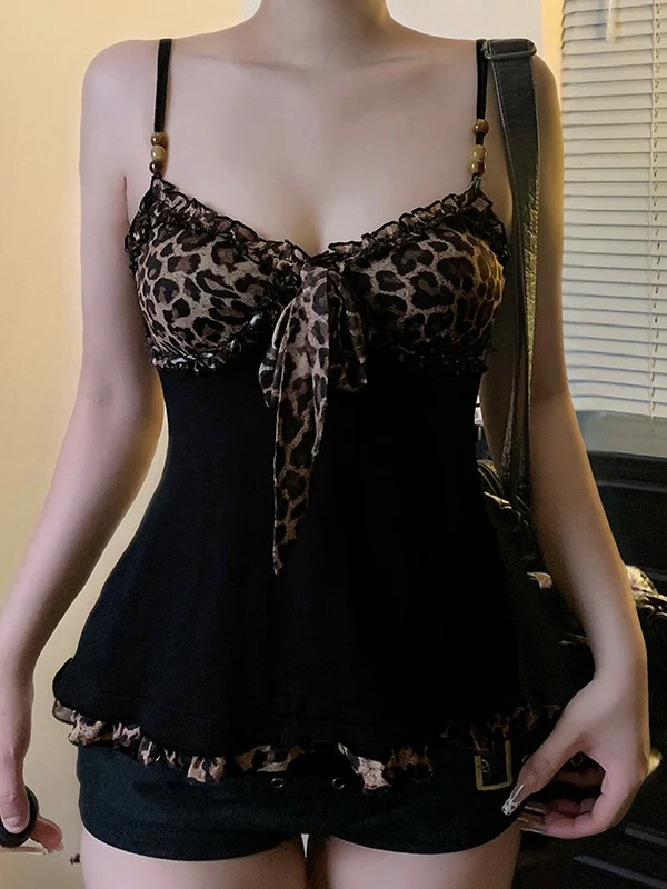 Black Leopard Print Color-blocked Mesh A-line Camisole