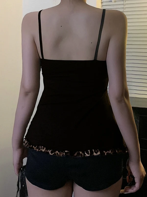 Black Leopard Print Color-blocked Mesh A-line Camisole - Image 2