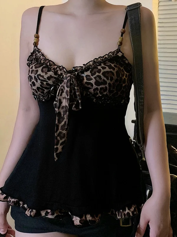 Black Leopard Print Color-blocked Mesh A-line Camisole - Image 3