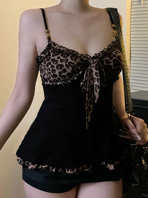 Black Leopard Print Color-blocked Mesh A-line Camisole - Image 5
